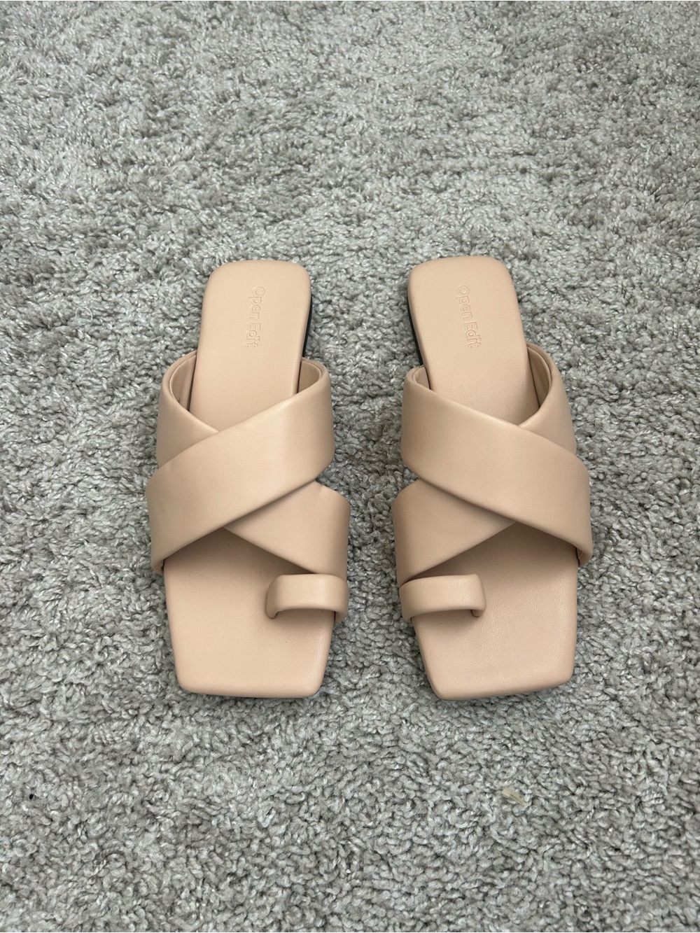 Open Edit Neutral Cross-Strap Square-Toe Slide Sandals - Nude